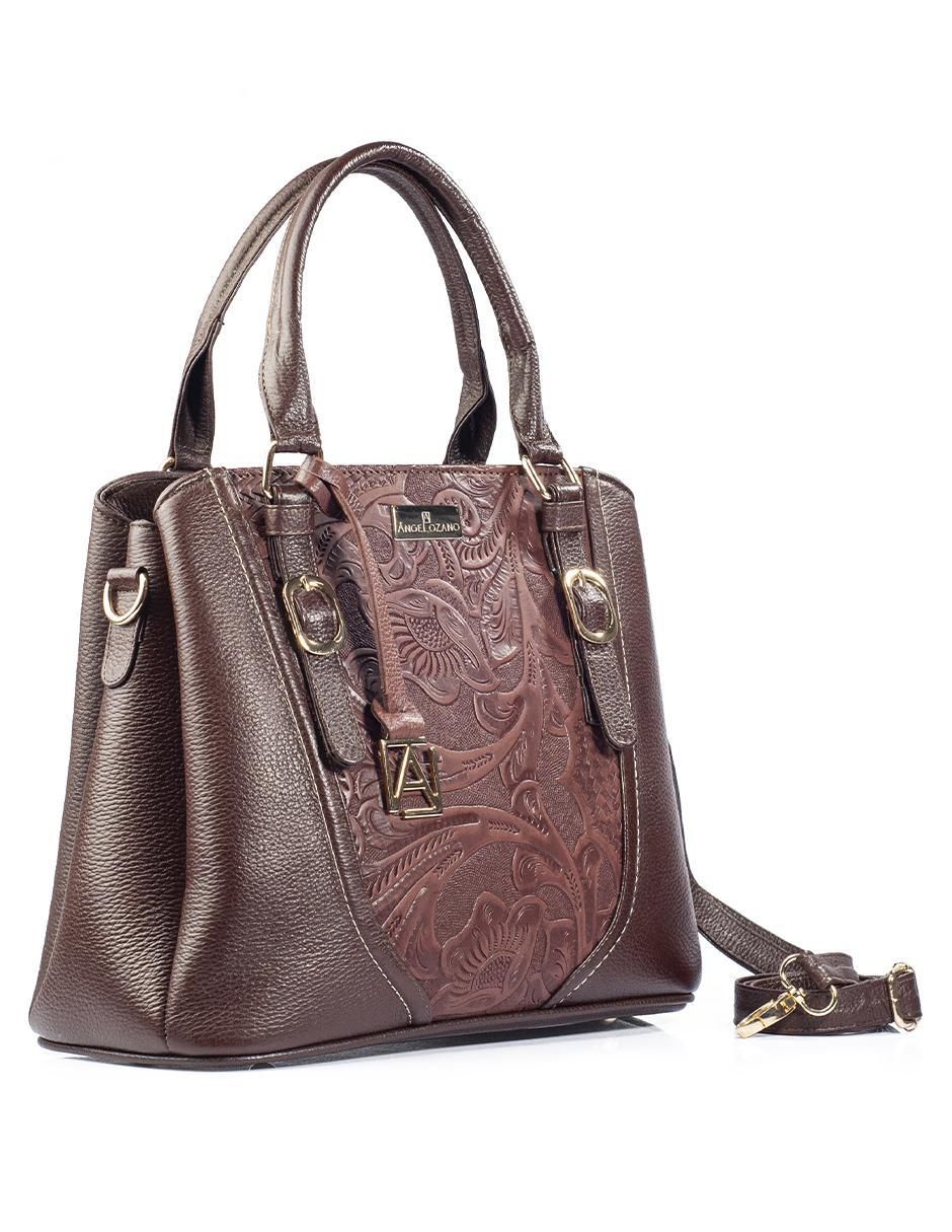 Bolsa satchel Lourdes Piel Grabada Café de piel para mujer 5