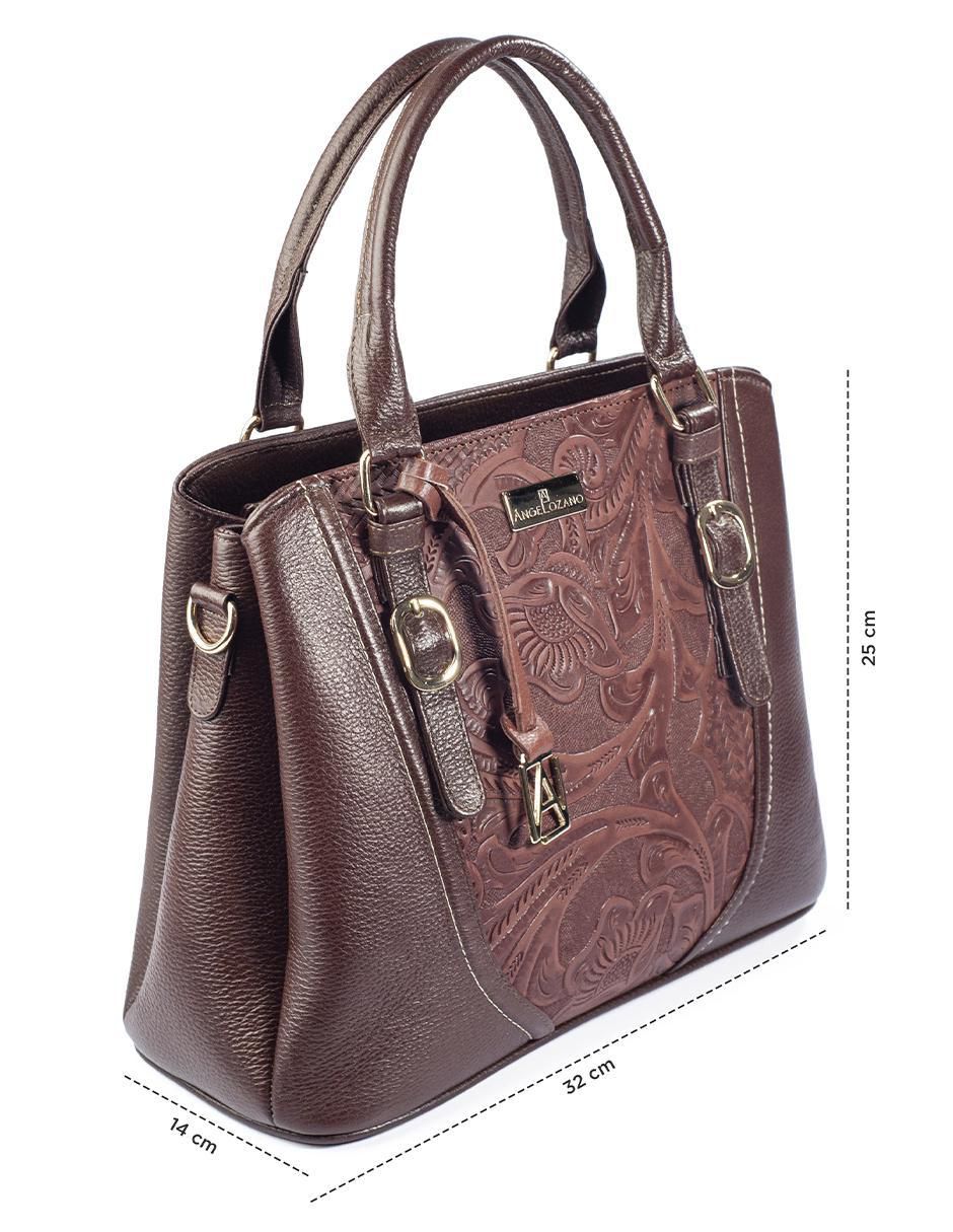Bolsa satchel Lourdes Piel Grabada Café de piel para mujer 6