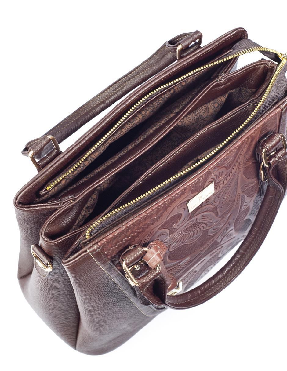 Bolsa satchel Lourdes Piel Grabada Café de piel para mujer